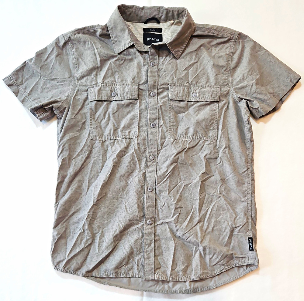 prAna Men's Gray Geometric Woven Button-Up Shirt Short Sleeve Slim Fit S